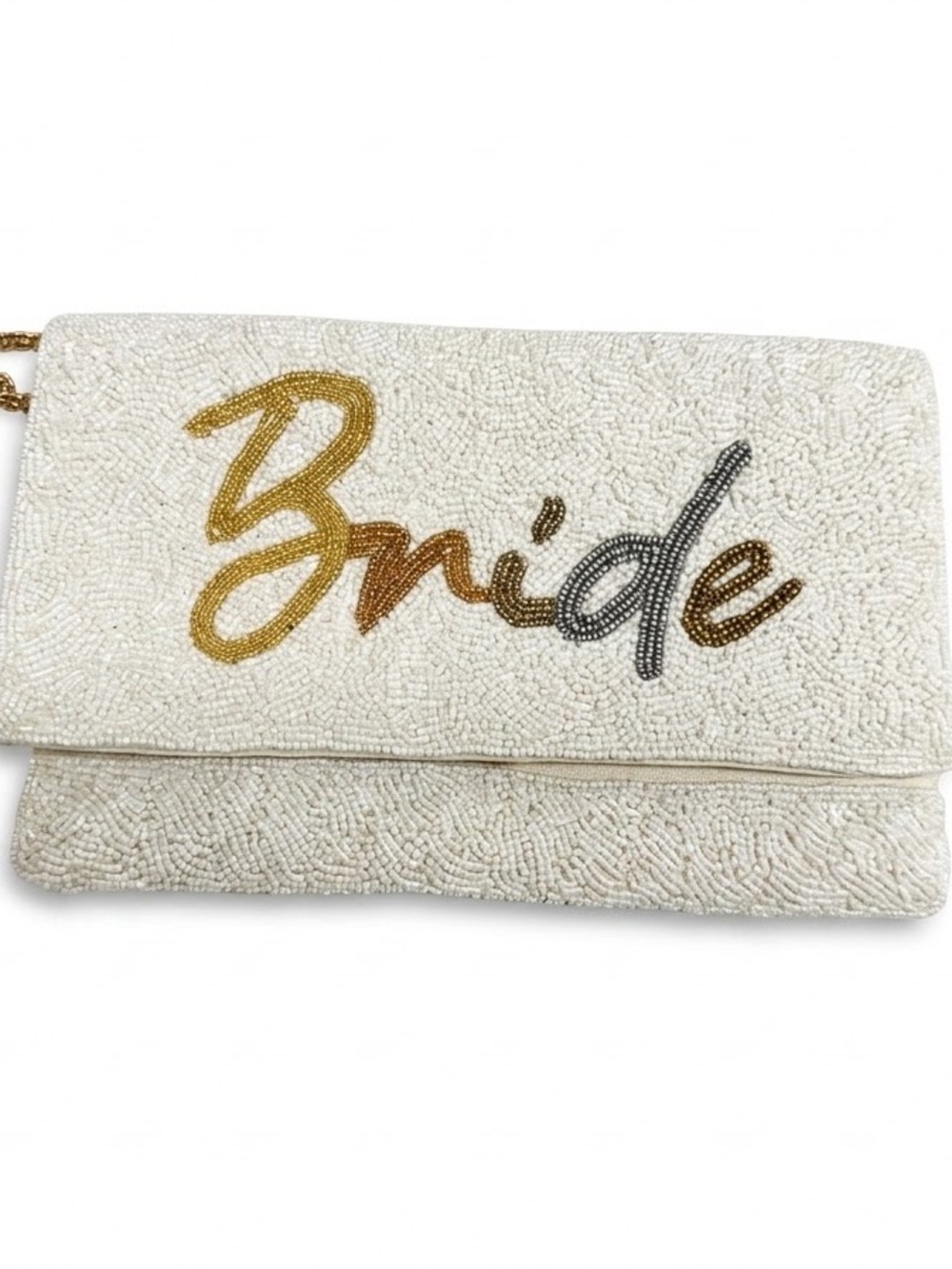 Bride Beaded White Crossbody Clutch Bag with Gold & Silver Script